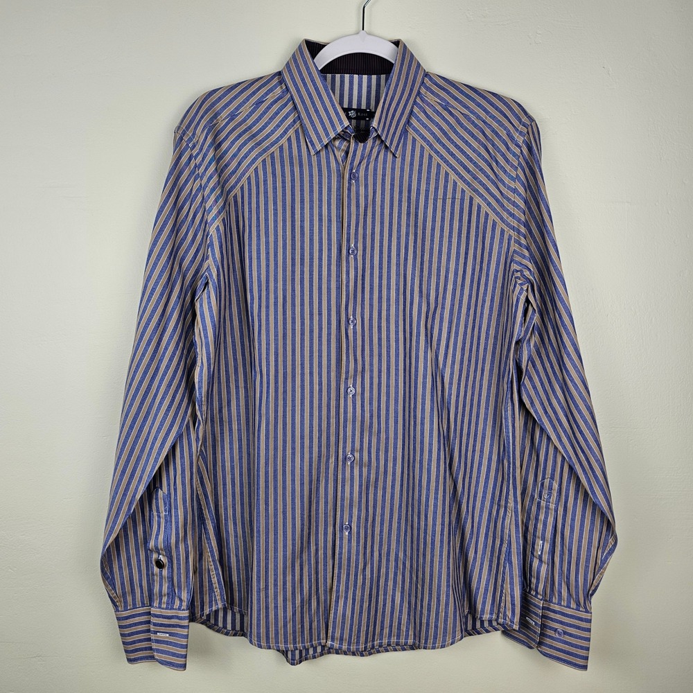Stone‎ Rose Button Up Men Gold Blue Stripe Black Rivet Collection Striped